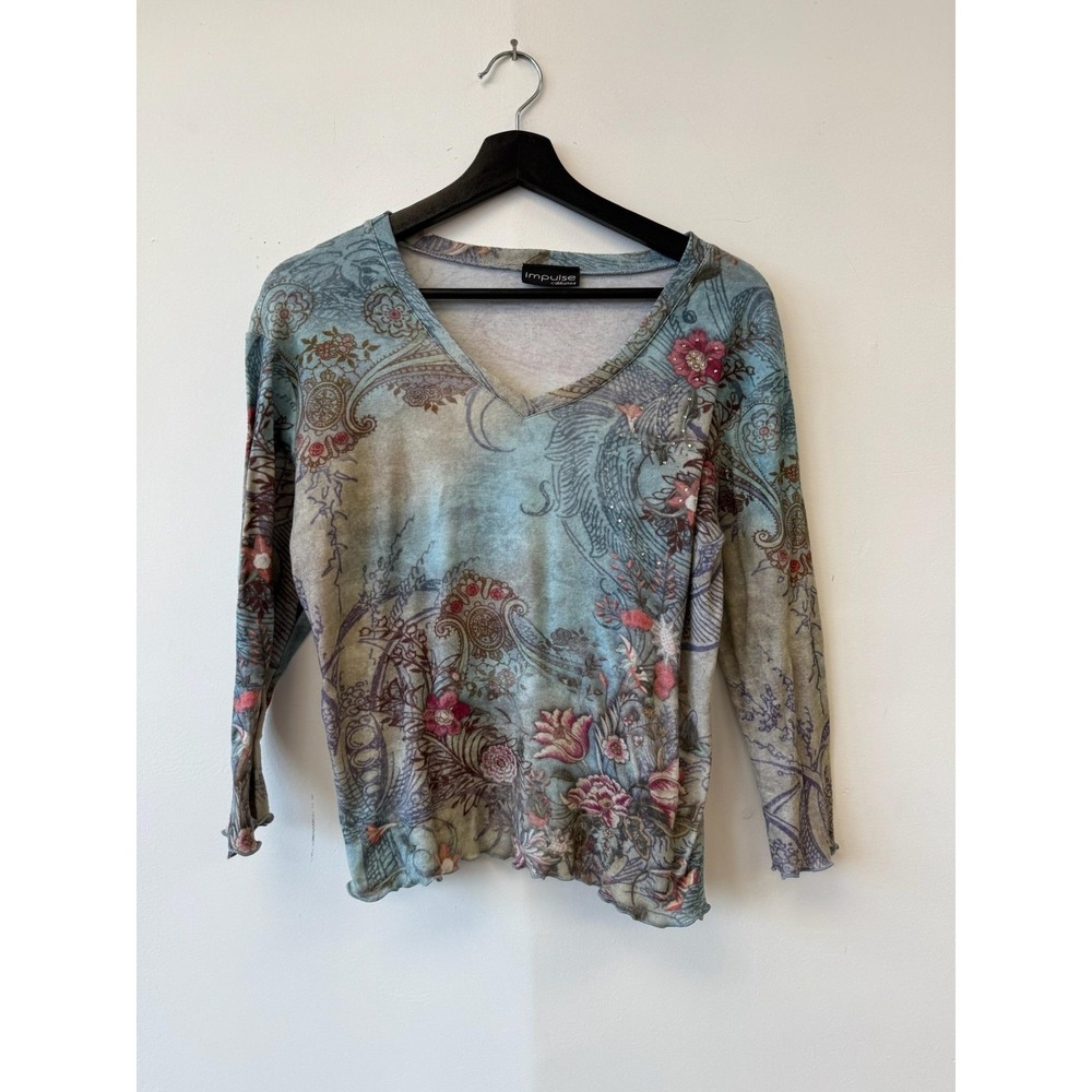 Vintage Impulse California Shirt Large Blue Floral Paisley Long Sleeve Top‎ Y2K